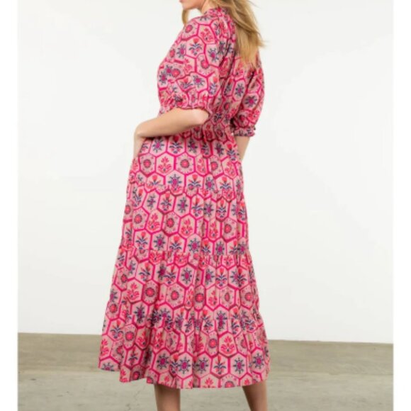Women's THML Pink Blue Green Patterned Tiered Midi Dress - Medium - Picture 2 of 5